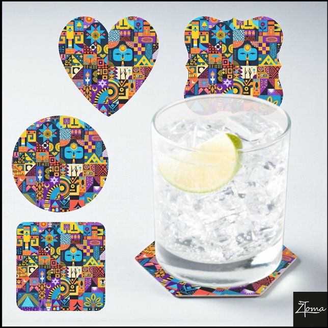 Porta-copo De Papel Quadrado Abstract Folk Art Geometric Quilt Mosaic (Criador carregado)