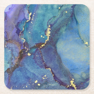Porta-copo De Papel Quadrado Abstrato Álcool Tinta Verde Púrpura Azul e Doura