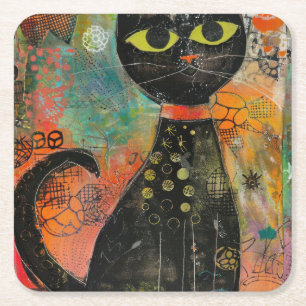 Porta-copo De Papel Quadrado Abstrato de Watercolor Vintage Cat (7)