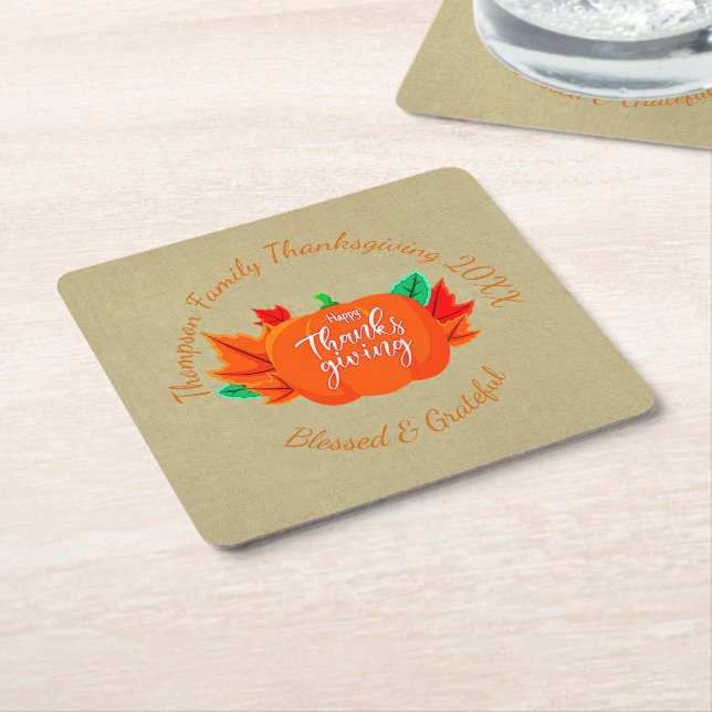 Porta-copo De Papel Quadrado Adicionar Nome da Família Texto Ação de Graças (Inclinado)