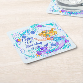 Porta-copo De Papel Quadrado Adicionar Nome Texto Loiro Sereia Azul Mauve Parte