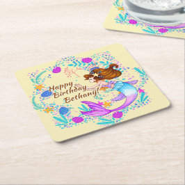 Porta-copo De Papel Quadrado Adicione o nome Brown Hair Sereia Mauve no Cream P