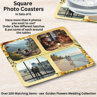 Porta-copo De Papel Quadrado Adicione suas fotos, Golden Flowers Wedding Suite,