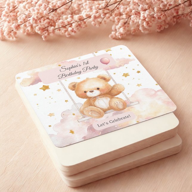 Porta-copo De Papel Quadrado Adorable Teddy Bear Birthday – Custom Coaster (Criador carregado)