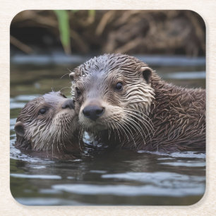 Porta-copo De Papel Quadrado **"Adrift in Love: Mummy and Baby Otter"**