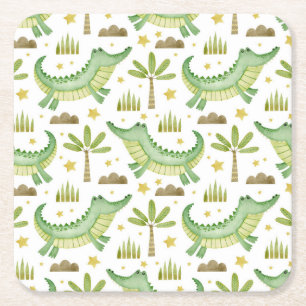 Porta-copo De Papel Quadrado African Safari: Crocodilo de Aquarela e Palmeiras