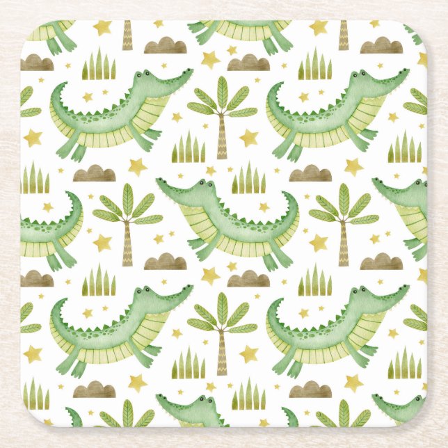 Porta-copo De Papel Quadrado African Safari: Crocodilo de Aquarela e Palmeiras (Frente)