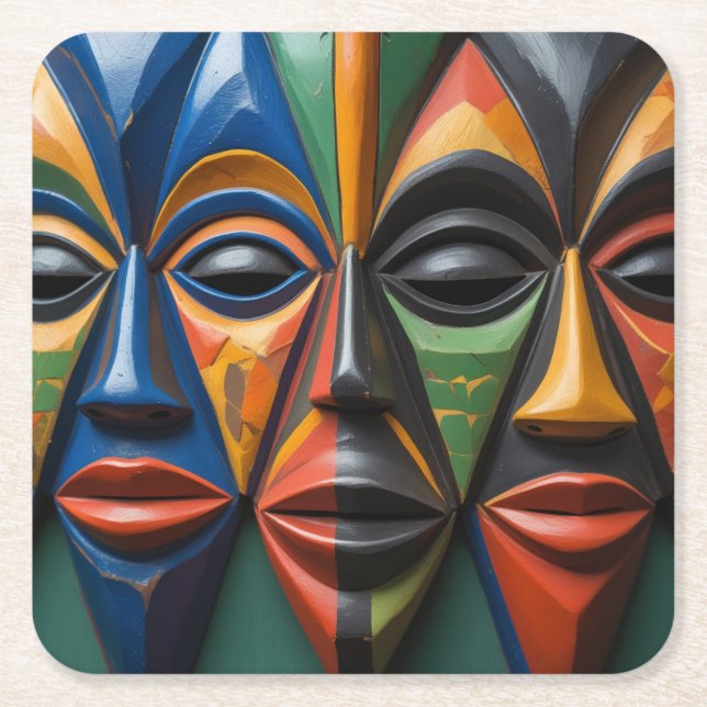 Porta-copo De Papel Quadrado African  Tribal Masks Trio Dynamic  Symmetry  (Frente)