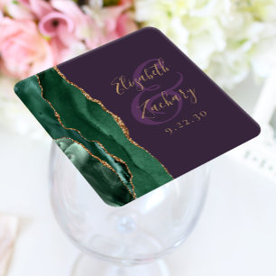 Porta-copo De Papel Quadrado Ágata Script Esmeralda Verde Dourado Roxo Casament