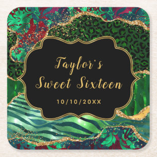 Porta-copo De Papel Quadrado Ágata Verde Safari Sweet Sixteen