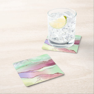 Porta-copo De Papel Quadrado Agato de melancia Verde Neo Mint e Rosa Cassis