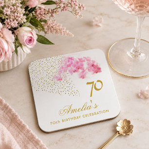 Porta-copo De Papel Quadrado Água-forte de Orquídea Rosa com Brilho Dourado par