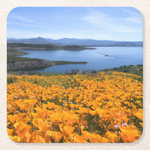 Porta-copo De Papel Quadrado Água   Lago California Com Poppies Ouros