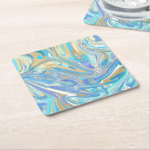 Porta-copo De Papel Quadrado Água pearlescente e Dourado mármore líquido