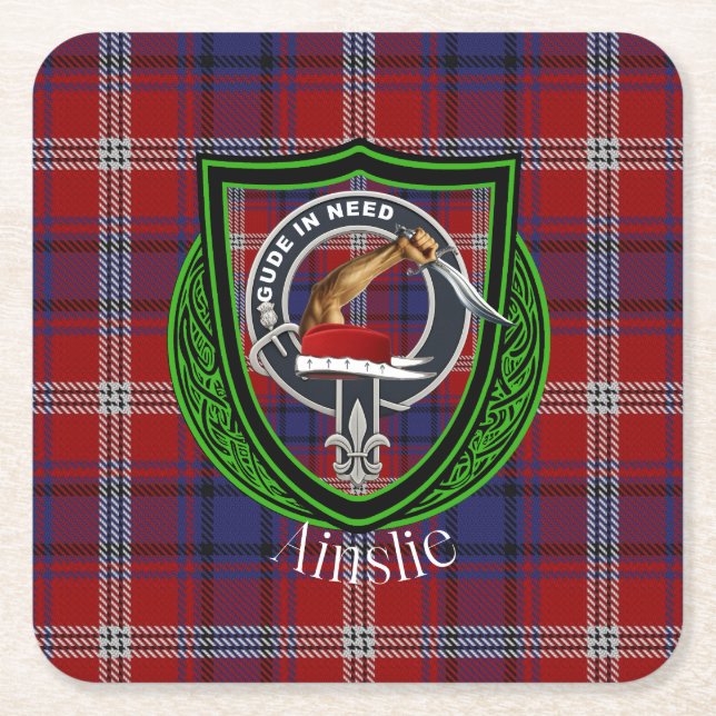 Porta-copo De Papel Quadrado Ainslie Scottish Clan Tartan & Crest (Frente)