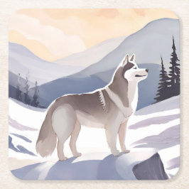 Porta-copo De Papel Quadrado Alaskan Husky | Dog Mountain Watercolor