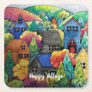 Porta-copo De Papel Quadrado Aldeia de Watercolor com Casas Coloridas