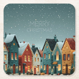 Porta-copo De Papel Quadrado Aldeia Invernal Caprichosa de Natal Merry Christma