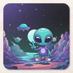 Porta-copo De Papel Quadrado Alienígena de paz e nave espacial