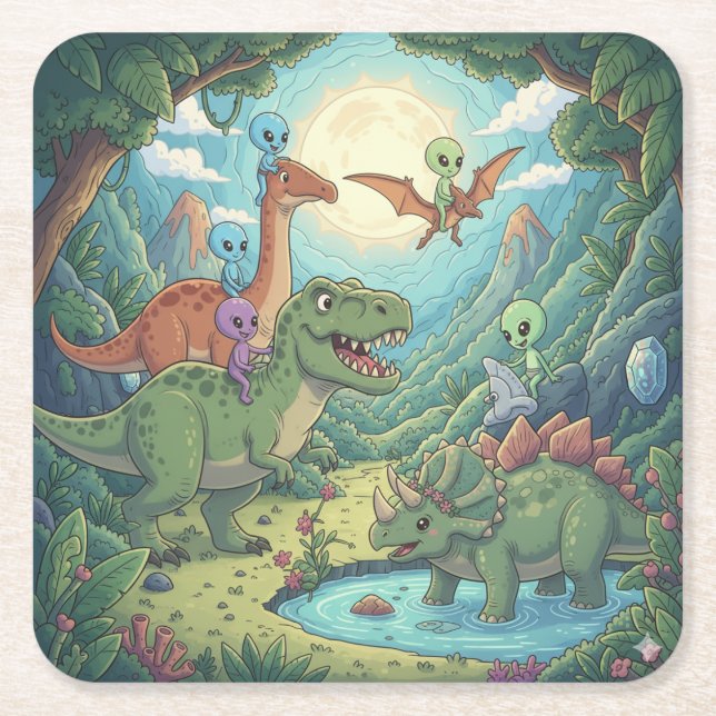 Porta-copo De Papel Quadrado Aliens and Dinosaurs Adventure (Frente)