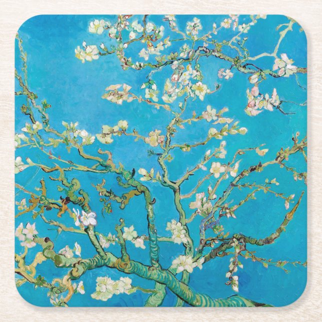 Porta-copo De Papel Quadrado Almond Blossom, Vincent van Gogh (Frente)