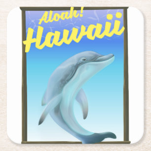 Porta-copo De Papel Quadrado Aloha! Havaí! Cartaz de viagem de golfinho