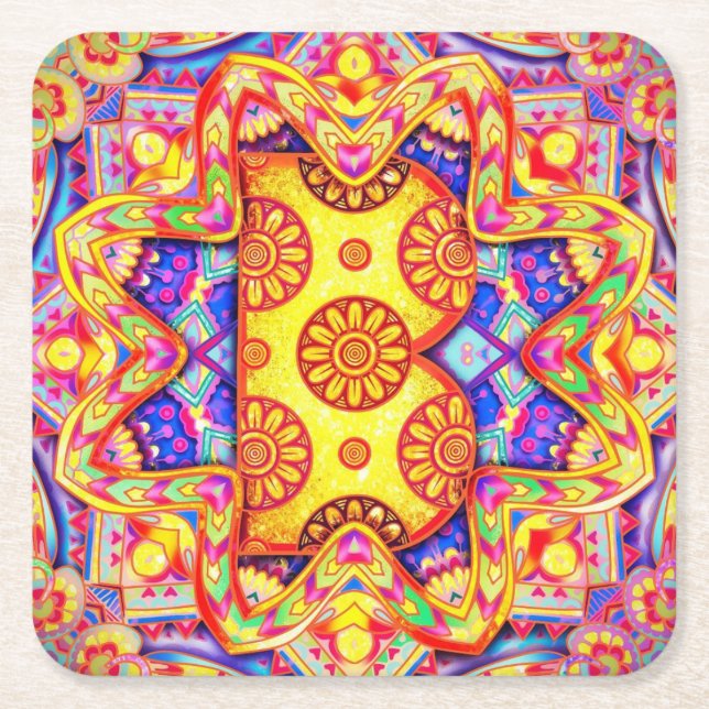 Porta-copo De Papel Quadrado Alphabet B mandala (Frente)