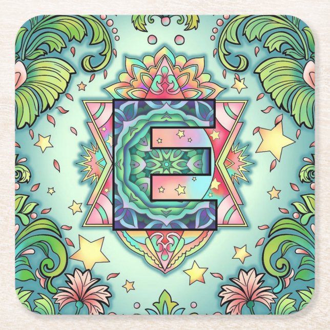 Porta-copo De Papel Quadrado Alphabet E mandala (Frente)