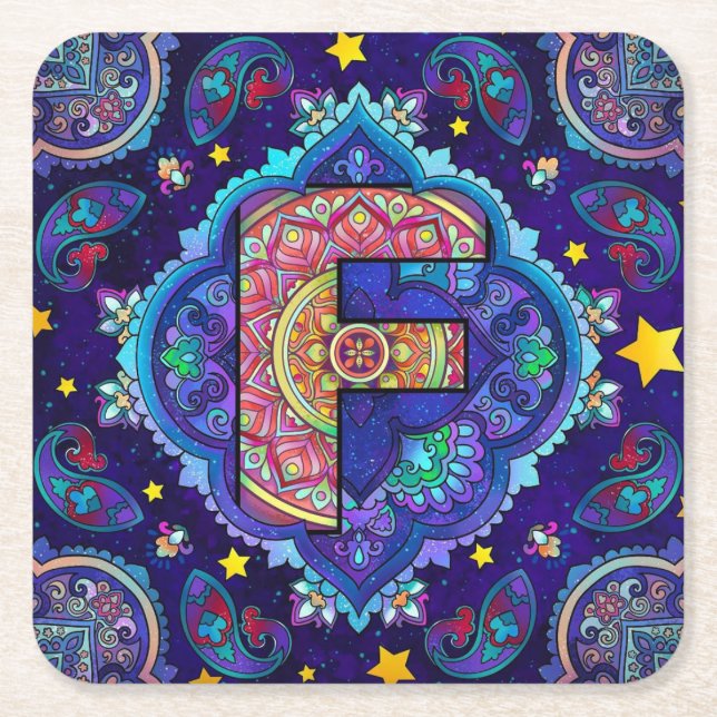 Porta-copo De Papel Quadrado Alphabet F mandala (Frente)