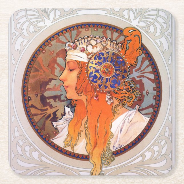 Porta-copo De Papel Quadrado Alphonse Mucha (Frente)