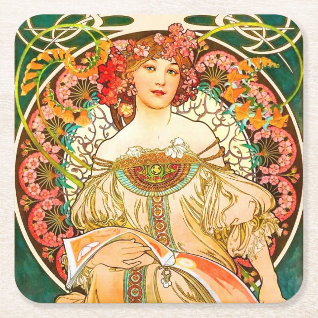 Porta-copo De Papel Quadrado Alphonse Mucha Art Nouveau Daydre (Frente)