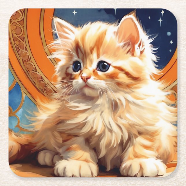 Porta-copo De Papel Quadrado Alphonse Mucha Art Nouveau Orange Cat (Frente)