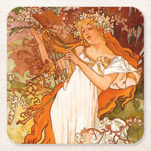 Porta-copo De Papel Quadrado Alphonse Mucha Art Nouveau Primavera