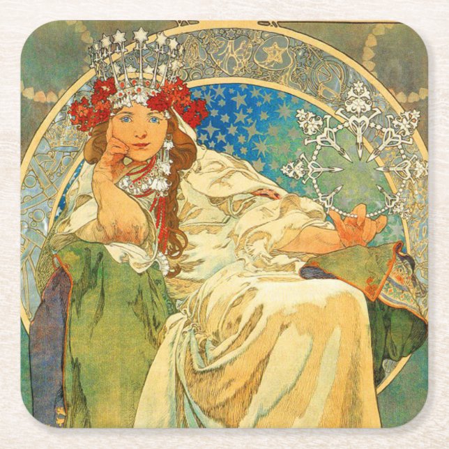 Porta-copo De Papel Quadrado Alphonse Mucha Art Nouveau Princess Hyacinth (Frente)