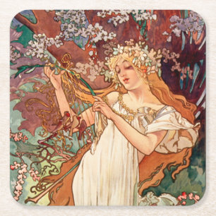 Porta-copo De Papel Quadrado Alphonse Mucha, As Estações (1896) Primavera