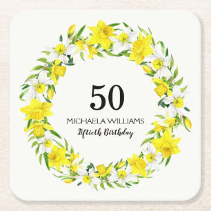 Porta-copo De Papel Quadrado Amarelo White Daffodil Wreath 50th Birthday