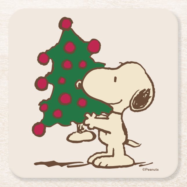 Porta-copo De Papel Quadrado Amendoins | Árvore de Natal de Snoopy (Frente)