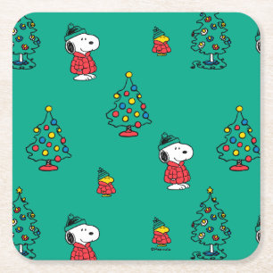 Porta-copo De Papel Quadrado Amendoins   Padrão de Natal de Snoopy & Woodstock