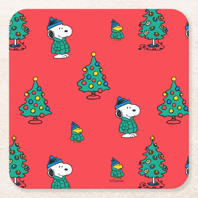 Porta-copo De Papel Quadrado Amendoins | Padrão de Natal Vermelho de Snoopy & W (Frente)