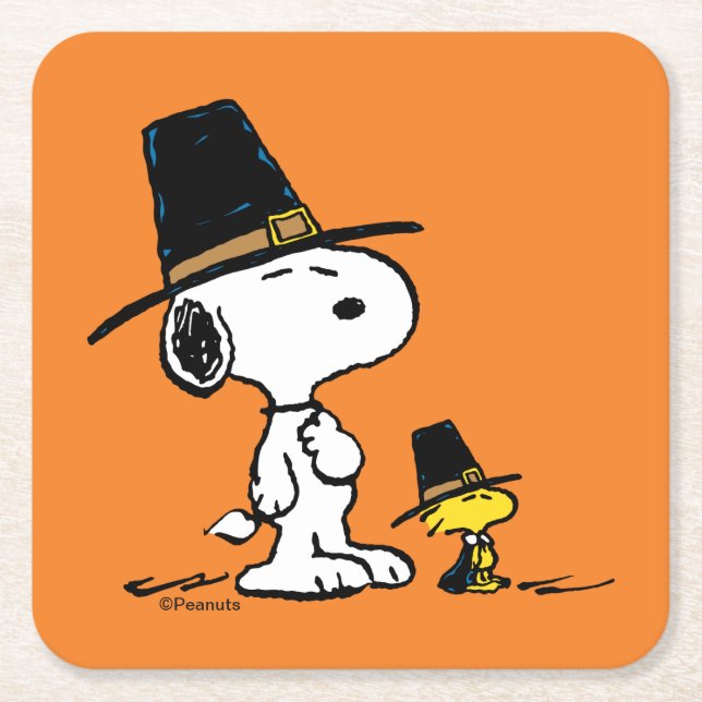 Porta-copo De Papel Quadrado Amendoins | Snoopy & Woodstock Pilgrim (Frente)