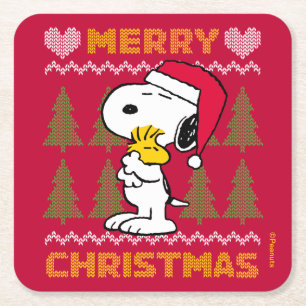 Porta-copo De Papel Quadrado Amendoins Snoopy & Woodstock Santa Claus Hug
