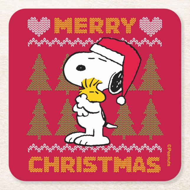 Porta-copo De Papel Quadrado Amendoins | Snoopy & Woodstock Santa Claus Hug (Frente)