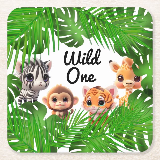 Porta-copo De Papel Quadrado Amigos Safari girafa zebra elefante-macaco-zebra (Frente)