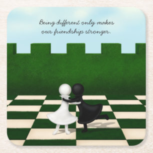 Porta-copo De Papel Quadrado Amizade Inter-Racial Cute Pawns Hug Chessboard