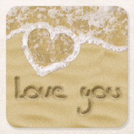 Porta-copo De Papel Quadrado "Amo-te" Coração escrito em Areia