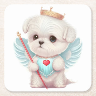 Porta-copo De Papel Quadrado Amor Celestial: Cachorro Maltês Bonito Anjo