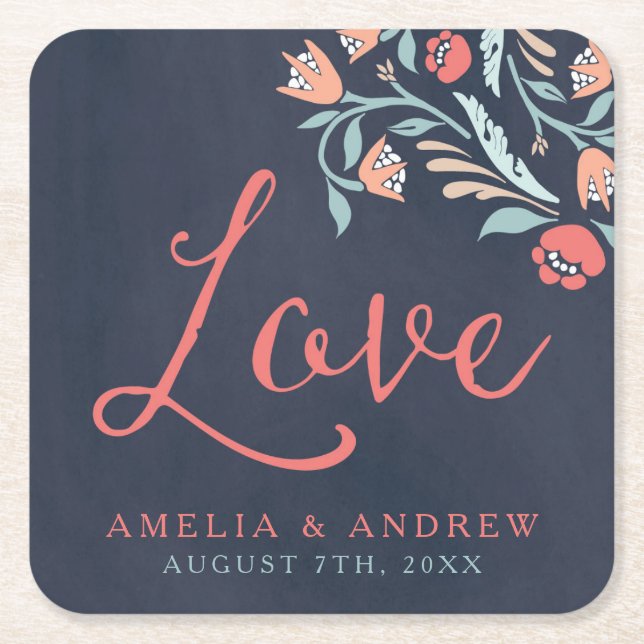 Porta-copo De Papel Quadrado Amor de Casamento Floral Chalkboard Bluish (Frente)