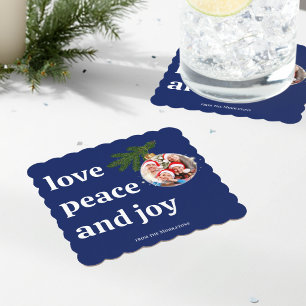 Porta-copo De Papel Quadrado Amor Paz Alegria Natal Família Foto Azul Marinho
