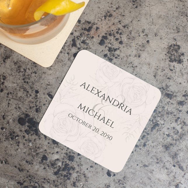 Porta-copo De Papel Quadrado Ampersand de Script de Caligrafia Floral Elegante  (Elegant blush floral wedding paper coaster. With calligraphy ampersand)