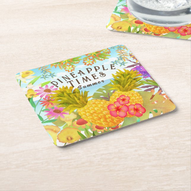 Porta-copo De Papel Quadrado Ananases com Floral (Inclinado)